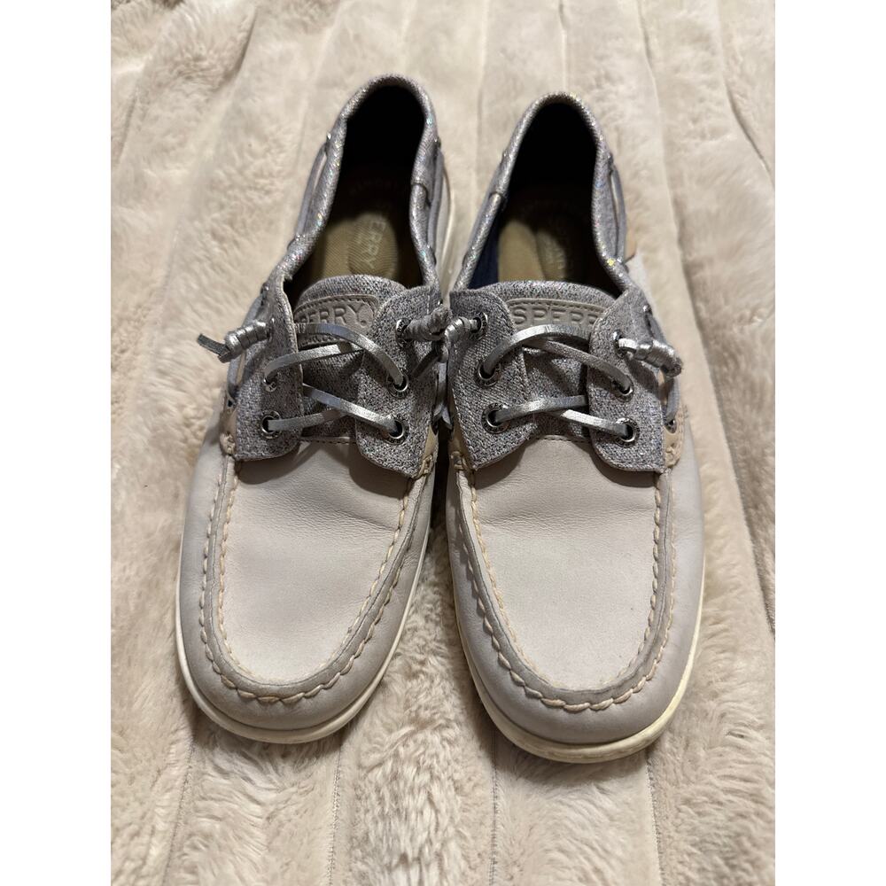 Sperry Rosefish 3-Eye Women's Boat Shoes Grey Leather Silver Sparkle Size 7.5